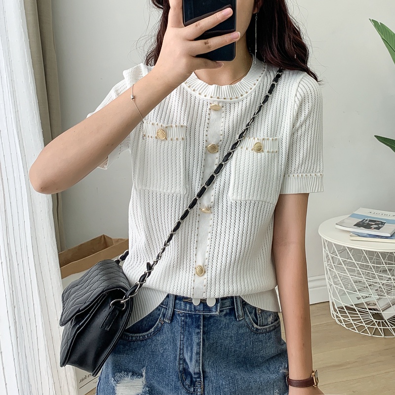 Áo dệt kim SUXI tay ngắn màu trơn phong cách cổ điển dành cho nữ