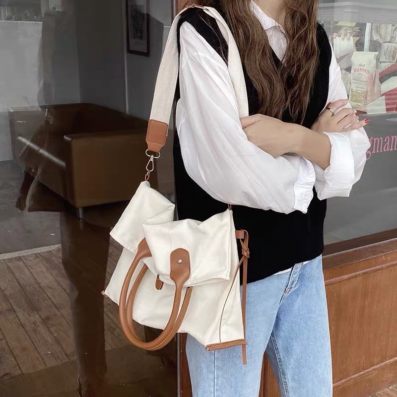 túi bag vải canvas phong cách hàn quốc màu kem đeo chéo đeo vai vừa a4