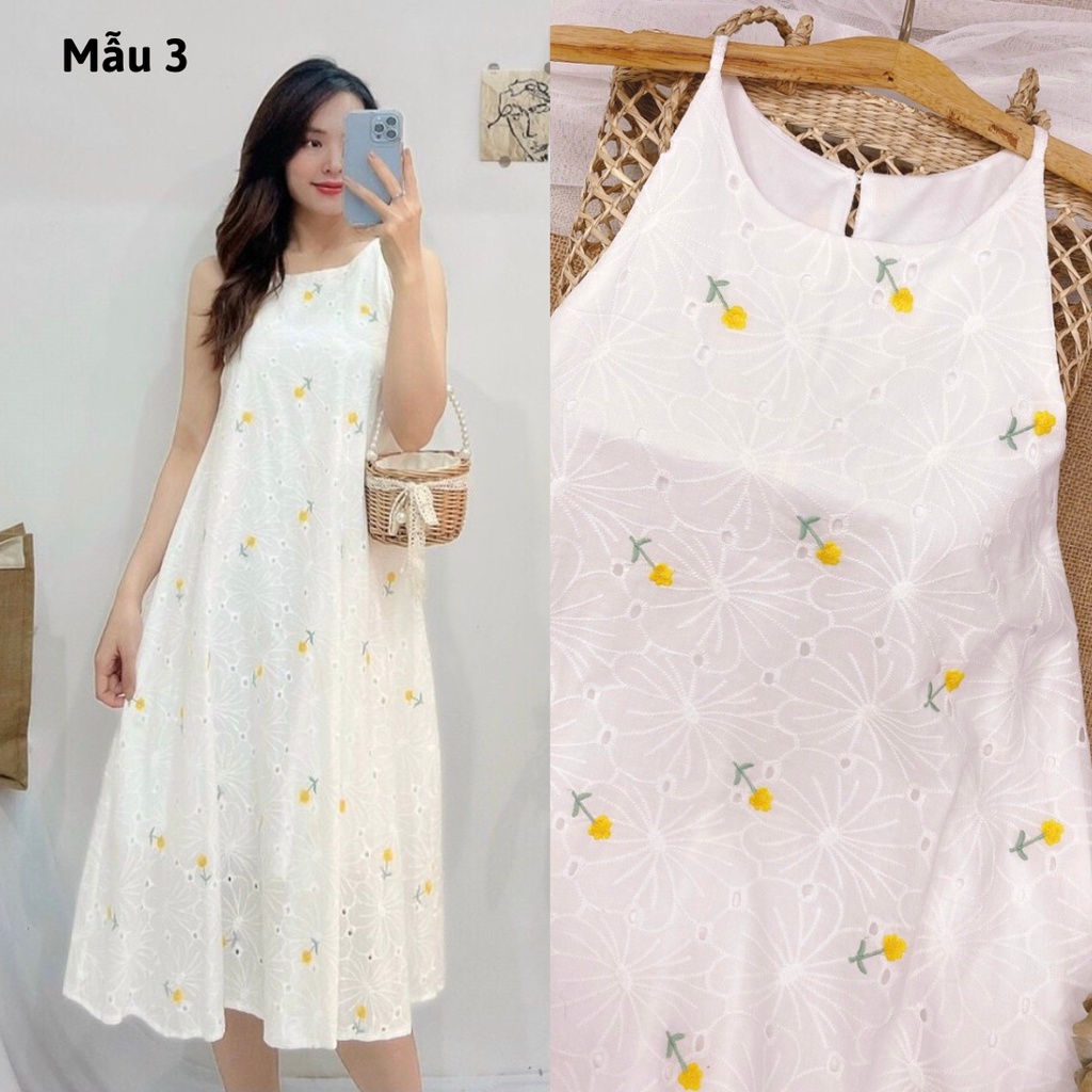 Đầm maxi form rộng chữ A, Đầm yếm dáng suông dài qua gối Cao Cấp vải kate trắng thêu hoa nhí, sát nách cổ tròn - MiNhi