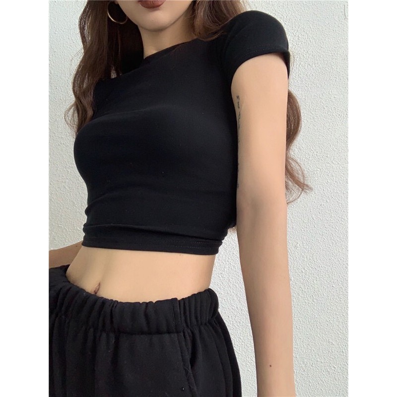 Áo Croptop Tay Ngắn Cổ _ Đen Trơn Chất Vải Mềm Mại Co Giản Mạnh Size dưới 45kg Ảnh giống Thật 100%