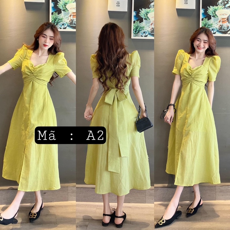 Đầm maxi caro xanh bơ ngực xoắn cột dây
