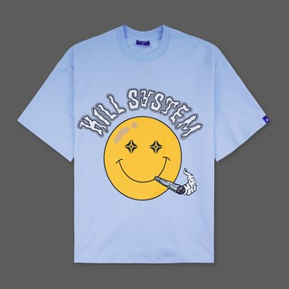 Áo thun màu xanh cổ tròn Kill System in hình mặt cười