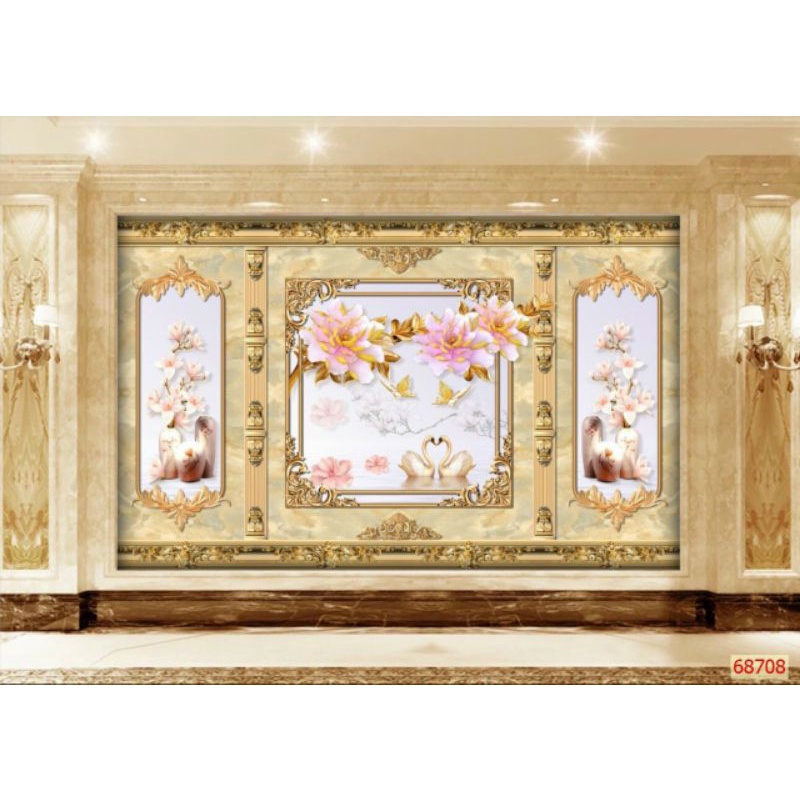 Tranh dán tường 3D kết hợp phào chỉ tân cổ điển keo sẵn bóc dán