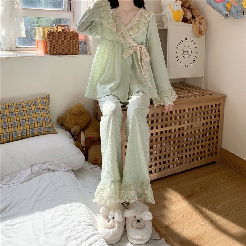 Bộ đồ ngủ tay dài phối ren phong cách công chúa Nhật Bản thời trang xuân thu cho nữ #13