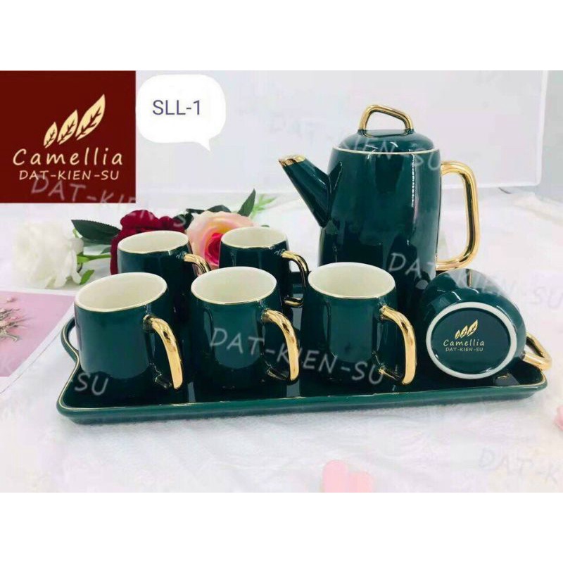 Bộ Ấm Chén Sứ Xanh Cổ Vịt Viền Vàng Kèm Khay Y2-2