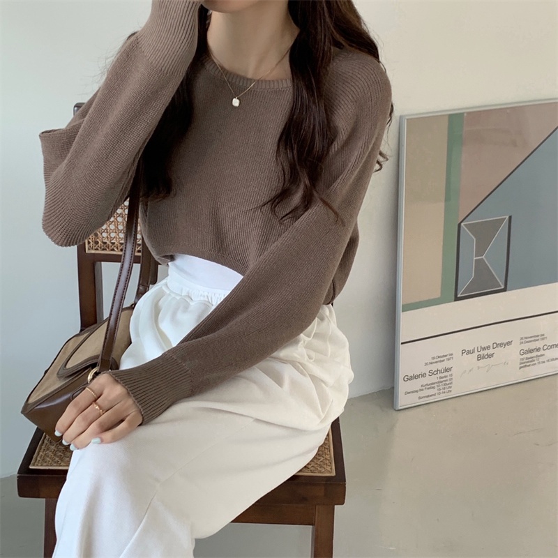 SUXI Áo Dệt Kim Tay Dài Phồng Cổ Tròn Màu Sắc Trơn Thiết Kế Đơn Giản Hợp Thời Trang