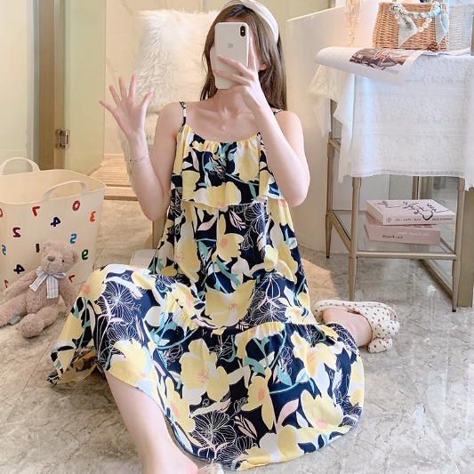 Váy ngủ, đầm ngủ bầu lanh lụa freesize siêu mềm mát, nhiều hoạ tiết