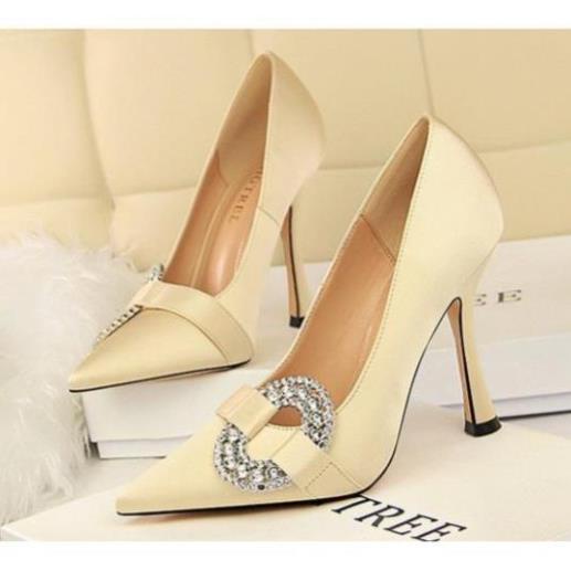 Giày cao gót satin bóng đính đá BIGTREE - ẢNH THẬT- 8CM- ORDER _B&% ) .👍
