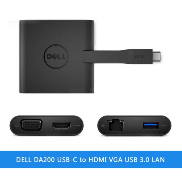 Bộ chuyển đổi Dell DA200 - Docking Dell DA200 Type C to HDMI/VGA/Ethernet/USB 3.0 Chính Hãng Bảo hành 12 Tháng