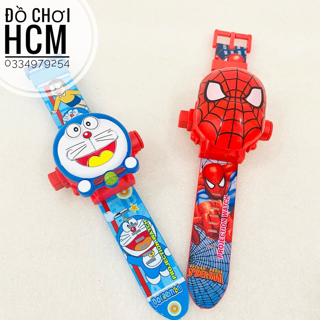 [NHIỀU MẪU] Đồ chơi trẻ em đồng hồ đeo tay chiếu hình ảnh lên tường 3D Spider man, Hello Kitty, Doremon, Iron man BH289