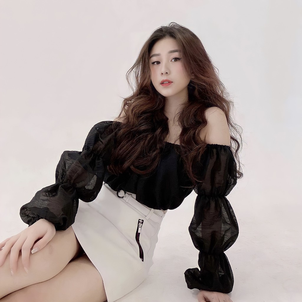 Áo trễ vay tay bèo chun co giãn Midi Shop, áo trễ vai tay bồng tiểu thư