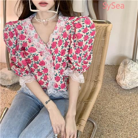 Áo Sơ Mi Phối Ren Hoa Thời Trang Mùa Hè Vintage Cho Nữ