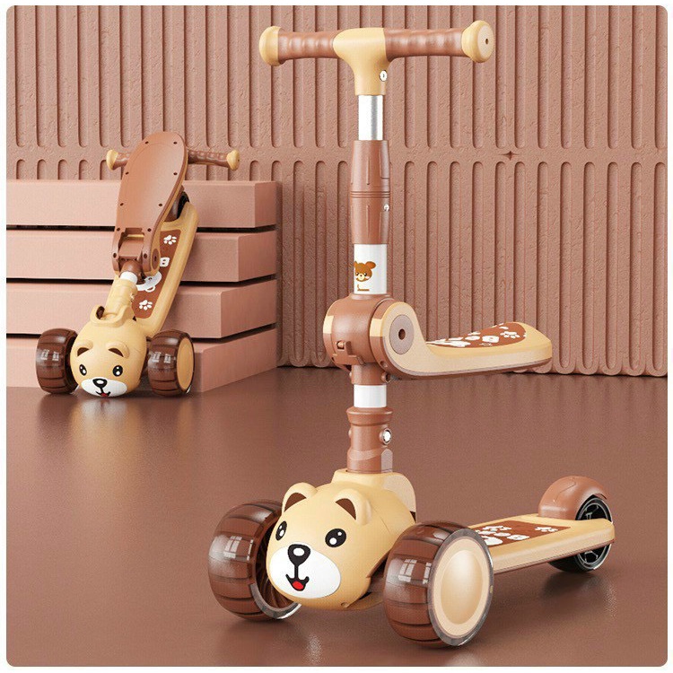 XE TRƯỢT SCOOTER KIÊM XE CHÒI CHÂN GẤU CAO CẤP CÓ NHẠC, ĐÈN CHO BÉ YÊU