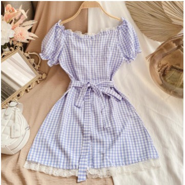 Đầm Caro Dự Tiệc Nhíu Viền Ren Ngực Đầm Nữ Tay Ngắn Họa Tiết Caro Phong Cách [ĐẦM CARO NHÍU VIỀN REN NGỰC] | BigBuy360 - bigbuy360.vn