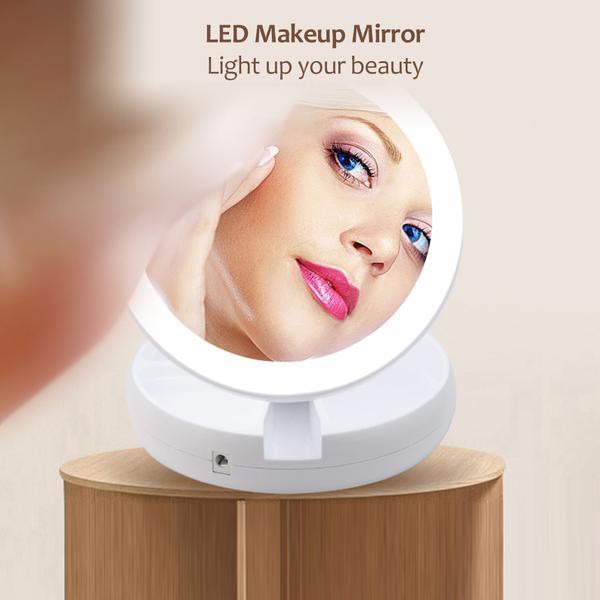 Gương Trang Điểm Để Bàn Phấn Có Đèn Led Sạc Kính Tròn Makeup Phóng Đại Lật 2 Mặt Xoay 360 Độ Mini Gấp Gọn