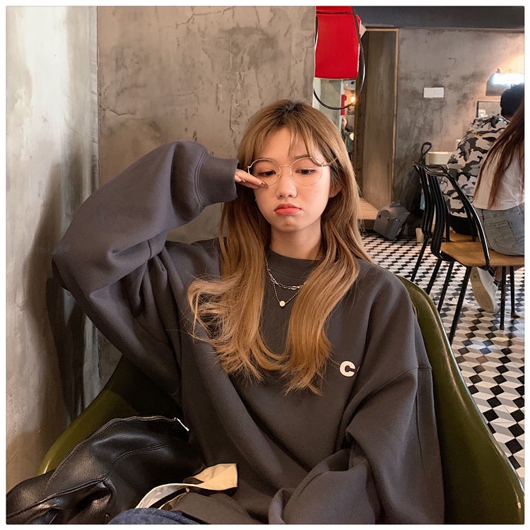 COZOK Áo sweater cổ tròn dáng rộng in chữ đơn giản phong cách Hàn Quốc thời trang