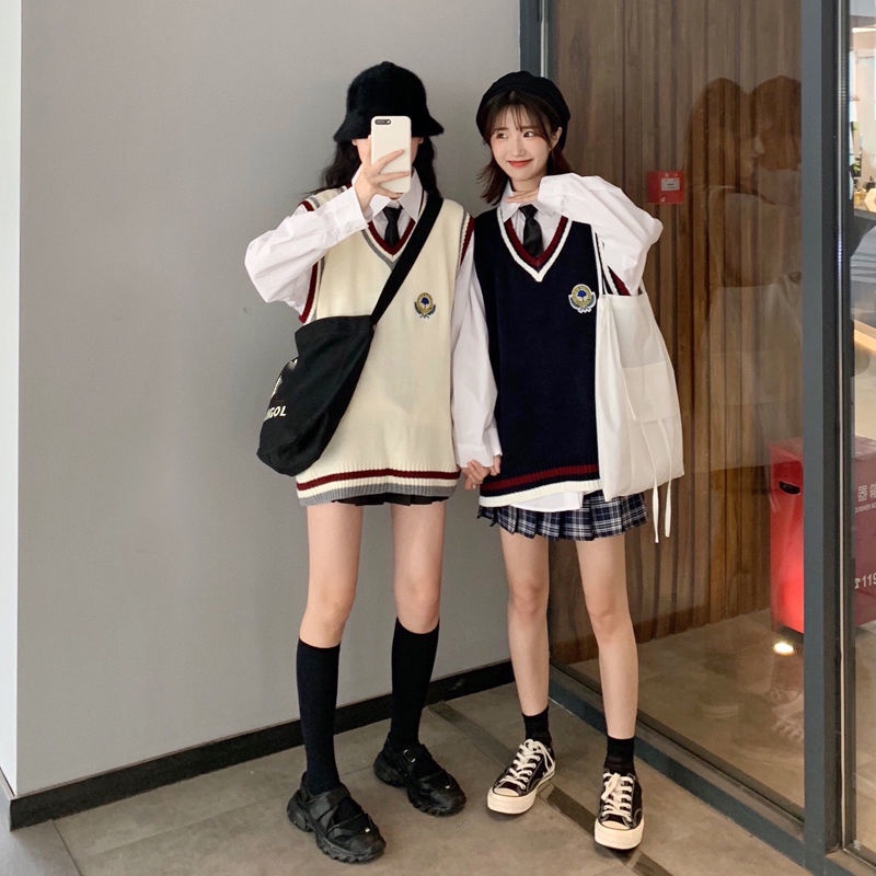 Bộ Áo Sơ Mi Dệt Kim Không Tay+Chân Váy Xinh Xắn Theo Phong Cách Nhật Bản Dành Cho Nữ