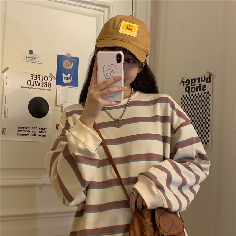 Áo Sweater Mỏng Cổ Tròn Dáng Rộng In Kẻ Sọc Kiểu Hàn Quốc Thời Trang 2022 Cho Nữ