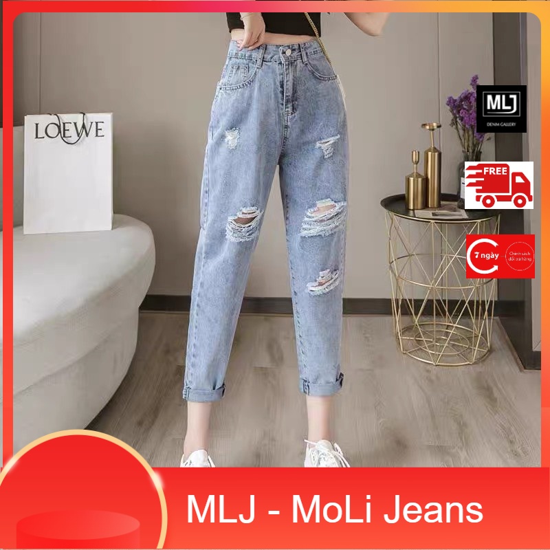 Quần jean baggy nữ Big Size Lưng Cao Rách bụi, phong cách hàn quốc, màu xanh đá phom TO rộng đủ size 4153 MLJ