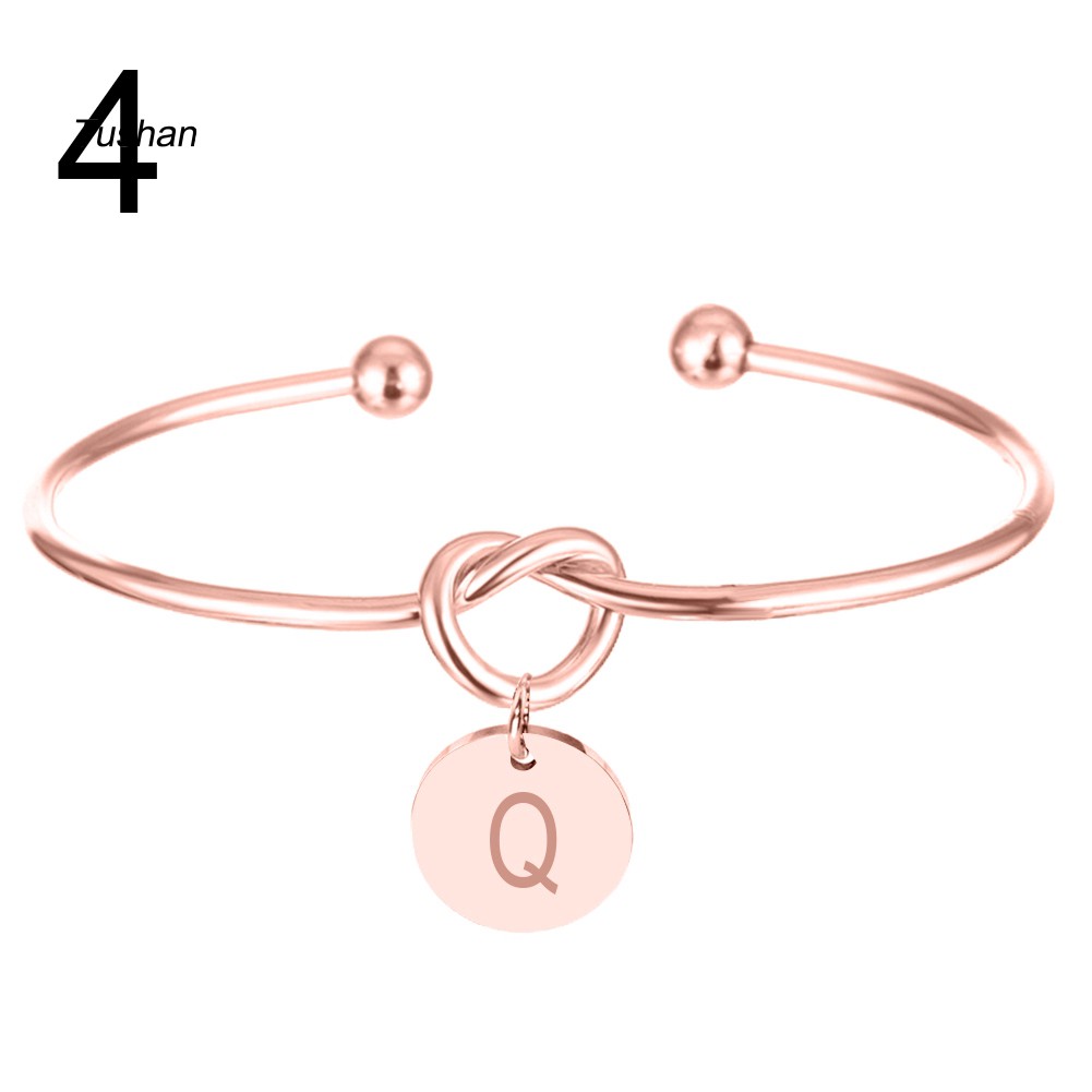 TUSH_Women Knotted Heart Opening Bracelet Letter Carved Metal Disc Charm Cuff Bangle