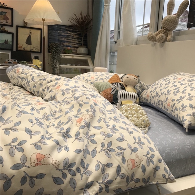 Shinbedding_ Set Bộ Vỏ Cotton Living Thỏ Ăn Lá Siêu Dễ Thương, Chất Liệu Mềm Mát,Thấm Hút Mồ Hôi