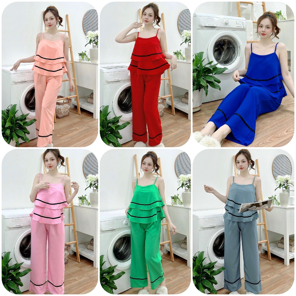 Set Bộ Dài Phối Tầng Hai Dây Có Túi Quần Vải Lụa Hàn Mềm Mại, Freesize Dưới 60kg Nguyên Khánh Store