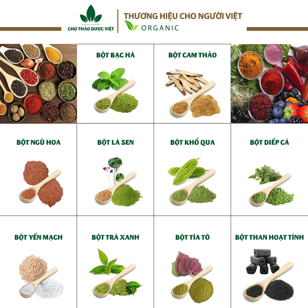 Set 10 loại bột cho da mun (Bột hữu cơ, kháng khuẩn, ngăn ngừa mun ẩn, dưỡng da) - Chợ Thảo Dược Việt