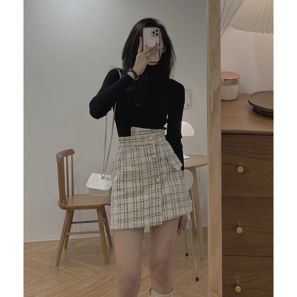 🍒SET ÁO THUN TĂM CỔ LỌ KÈM CHÂN VÁY DẠ HAI MÀU CỰC XINH (Chan Store)