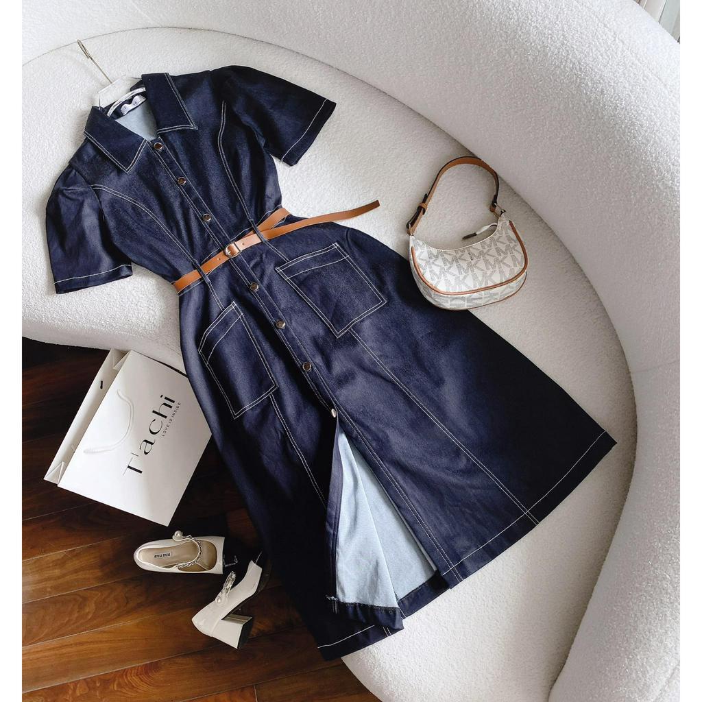 ĐẦM MIDI JEAN CỔ SƠ MI KÈM BELT