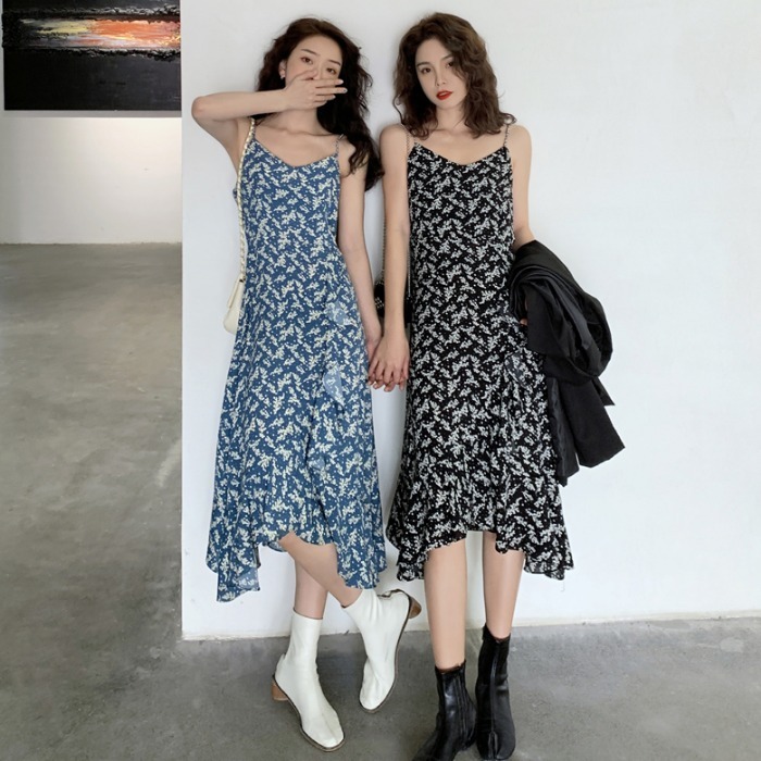 [đầm nữ dài] Váy midi dài 2021, [váy dài nữ] hai dây hoa nhí qua gố xòe đẹp màu đen thời trang công sở | BigBuy360 - bigbuy360.vn