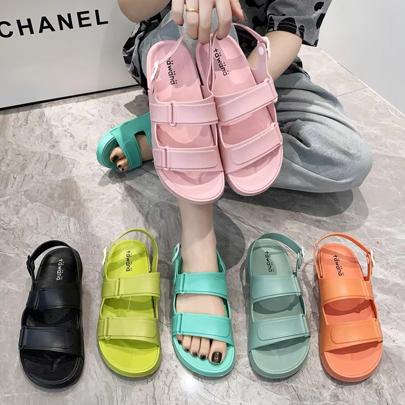 Sandal nữ sắc màu mới quai kép đế bệt chất nhựa chống nước đi mưa thoải mái dép quai hậu nữ đẹp giá rẻ đi học hot 2021