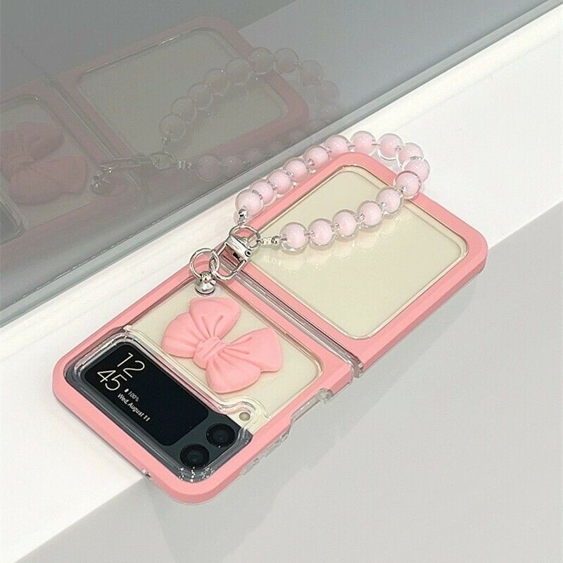 Ốp Samsung Z Flip5 - Z Flip 4- ZFlip3 - ZFlip4 5G viền hồng chống sốc có thể tháo rời kèm charm nơ và dây