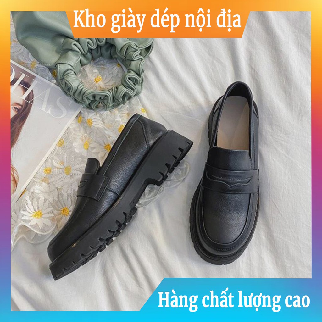 Giày Oxford nữ đen phong cách Hàn Quốc, giày da nữ mũi tròn, không dây buộc tiện lợi | BigBuy360 - bigbuy360.vn