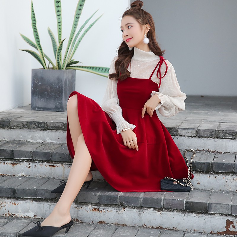 (SẴN YẾM ĐEN ÁO TRẮNG) Set váy nhung + áo mỏng | BigBuy360 - bigbuy360.vn