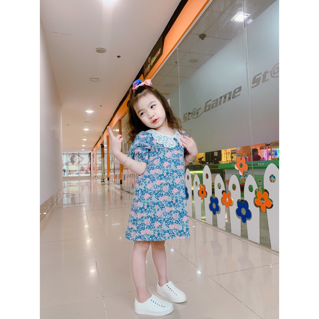 Váy Xuông Bé Gái Họa Tiết Hoa Hồng Cổ Ren Từ 7-25kg V17-2021
