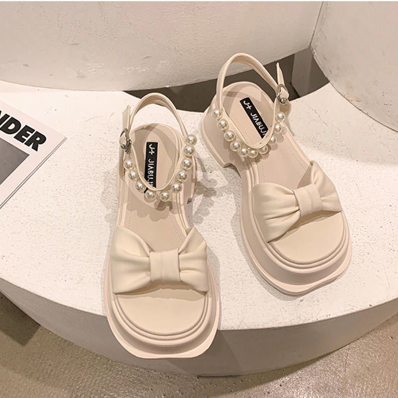Giày Sandal Đế Dày Chống Trượt Đính Nơ Và Ngọc Trai Thời Trang Mùa Hè Cho Nữ