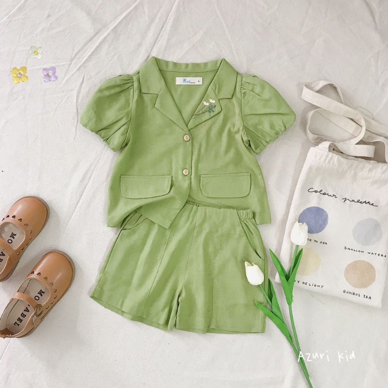 Bộ vest bé gái thêu hoa cúc vải linen mềm bé 1-10 tuổi