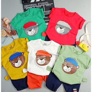 Size 1-14 đồ bộ bé trai tay ngắn quần lửng thun cotton in hình gấu