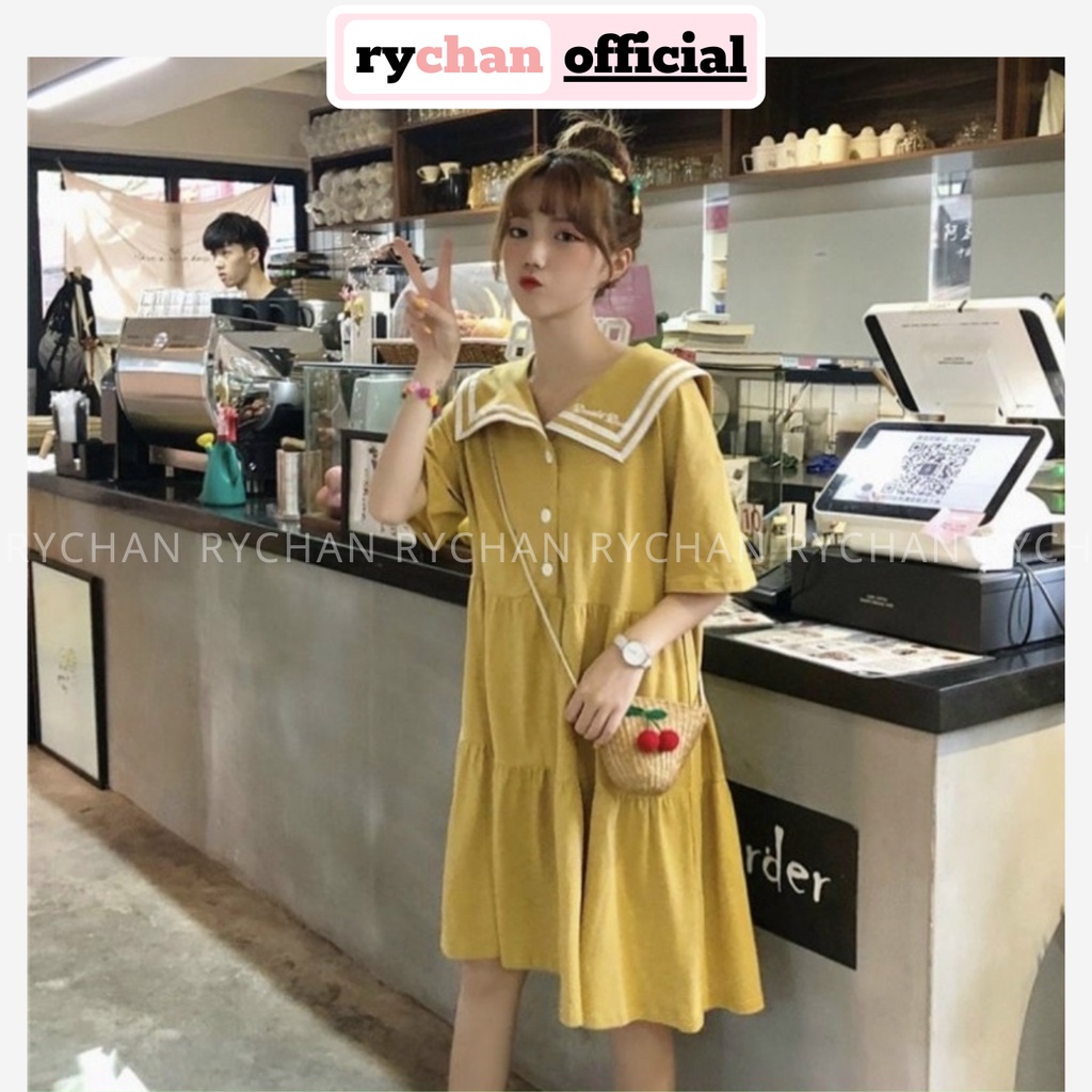 Đầm Babydoll Thủy Thủ Nhún Tầng Dễ Thương Ulzzang, Đầm Xòe Form Rộng Cute Cổ Peter Pan Màu Hồng Vàng Xanh - DX9956