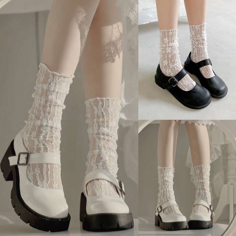 Brroa Đôi Vớ Thuyền Kẻ Sọc Phối Ren Xuyên Thấu Co Giãn Phong Cách Harajuku Đường Phố Đáng Yêu Cho Nữ