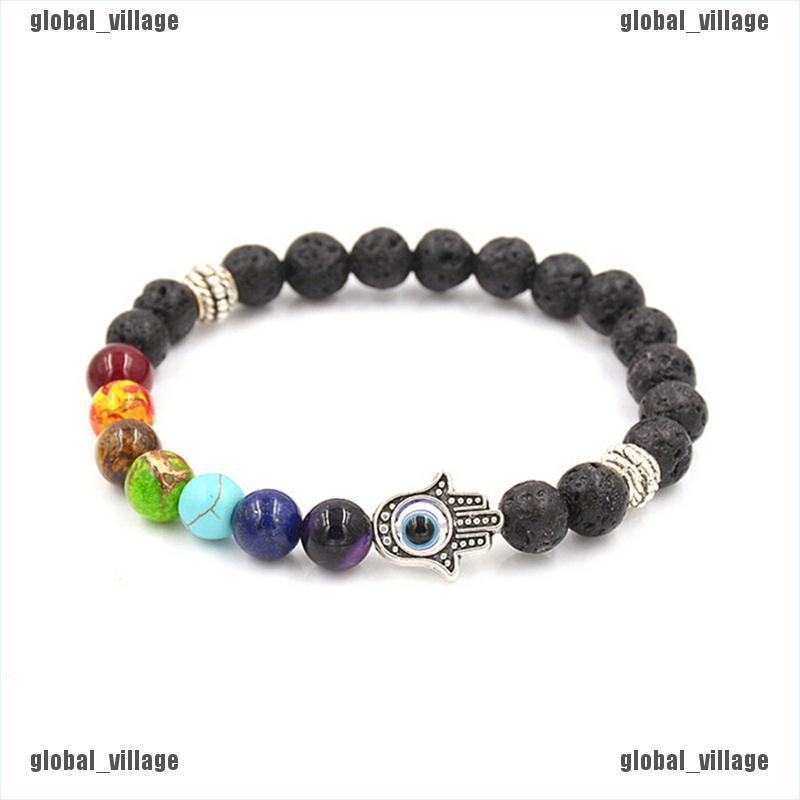 [global] Hamsa Hand Chakra Gemstone Bracelet Lava Stone Crystal Reiki Healing Balancing [village]