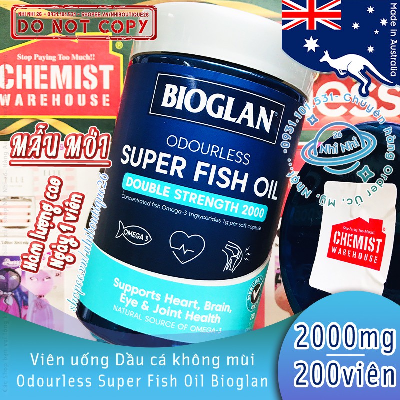 🐳HSD:01/2024🐳 DẦU CÁ không mùi - HÀM LƯỢNG CAO 2000mg - BIOGLAN Fish Oil - ÚC 💥Chuẩn Chemist Warehouse - Úc💥