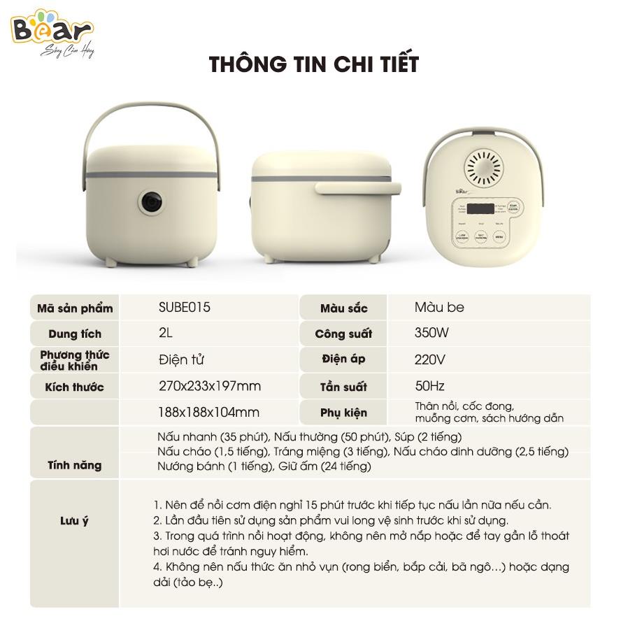 [HOT - XẢ KHO] Nồi cơm điện đa năng Bear 2L SUBE015 - Nấu cơm ngon, cháo, hầm, hấp luộc từ 4-6 người - Bảo hành 18th