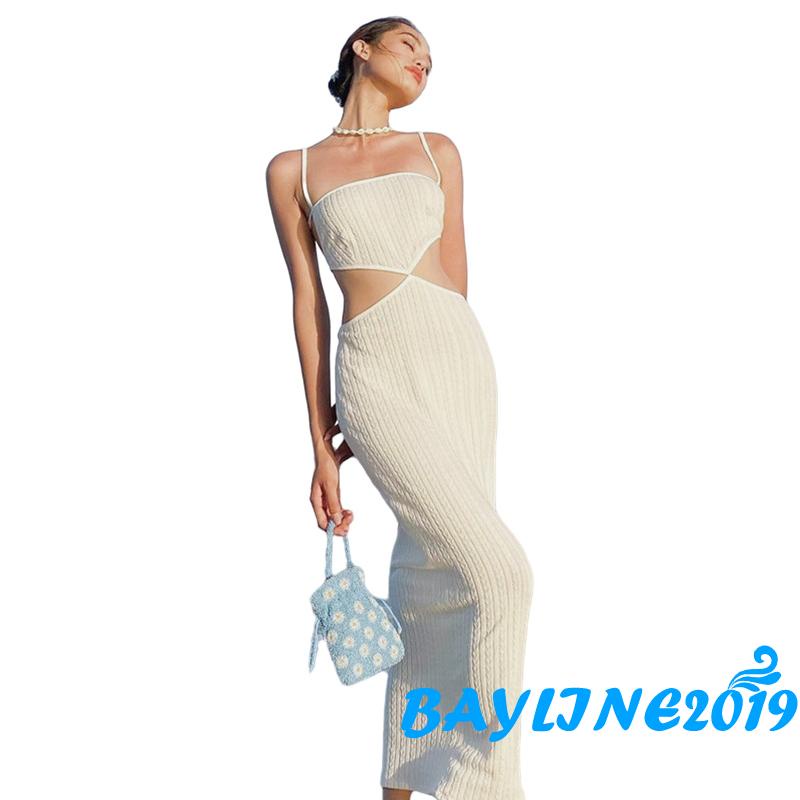 Đầm Dài Hai Dây Ôm Dáng Không Tay Màu Trơn Hở Lưng Cao Thắt Nơ Thời Trang Mùa Hè Cho Nữ