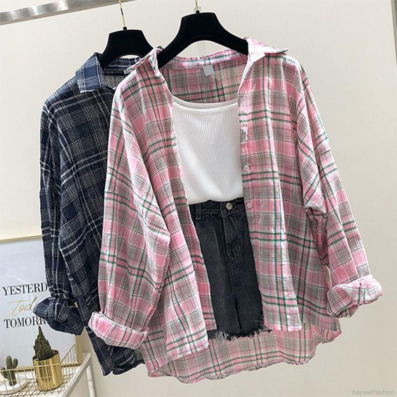 [Baywellfashion]Áo Khoác Nữ Tay Dài Họa Tiết Kẻ Lưới Thời Trang