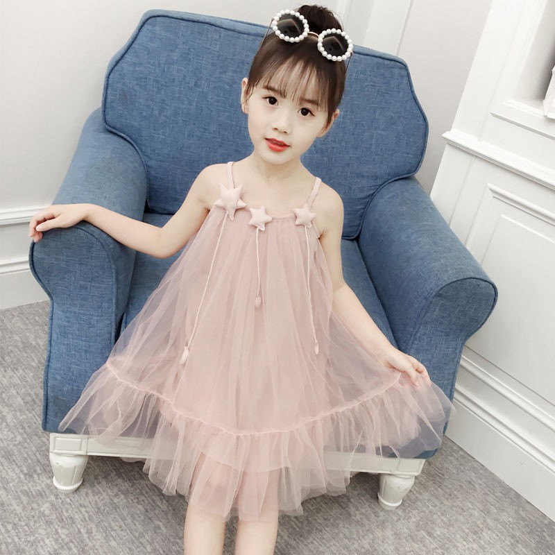 (C033)Đầm tiểu thư cho bé gái hai dây đính hình ngôi cực xinh váy lưới hai lớp mềm mịn kiểu dáng sang chảnh