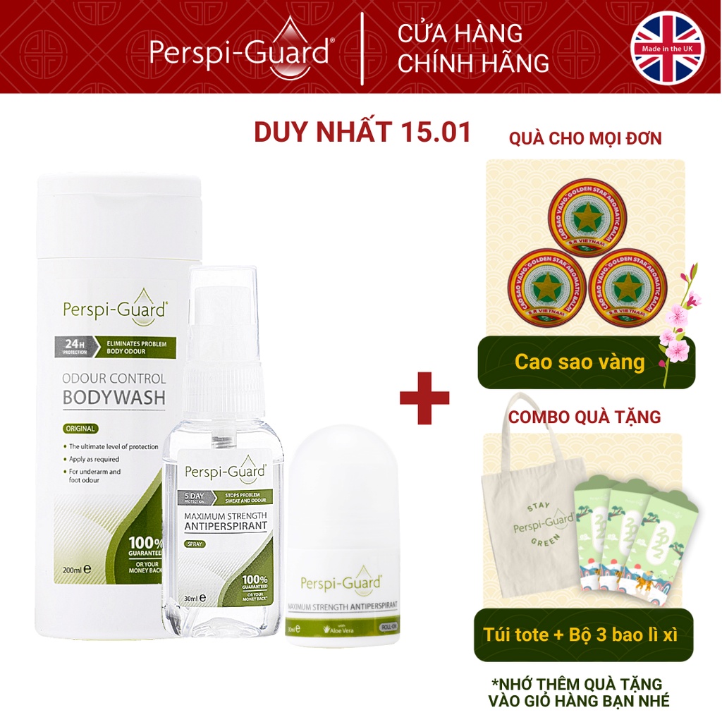 Combo 3 ngăn mồ hôi trọn bộ Perspi-Guard sữa tắm 200ml + xịt khử mùi 30ml + lăn khử mùi 30ml