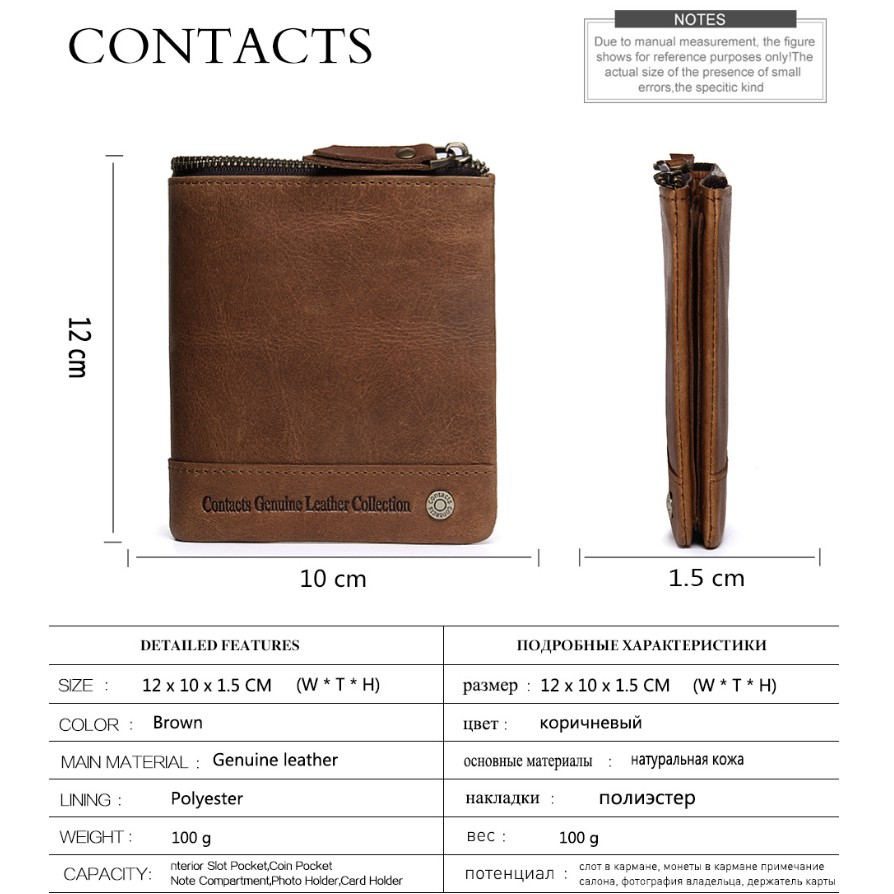 2022 Contacts Men Wallet M1234 - Bảo Hành 2 Năm - Bóp Ví Đứng Bỏ Túi Da Bò - Nam Nữ - Made in HongKong