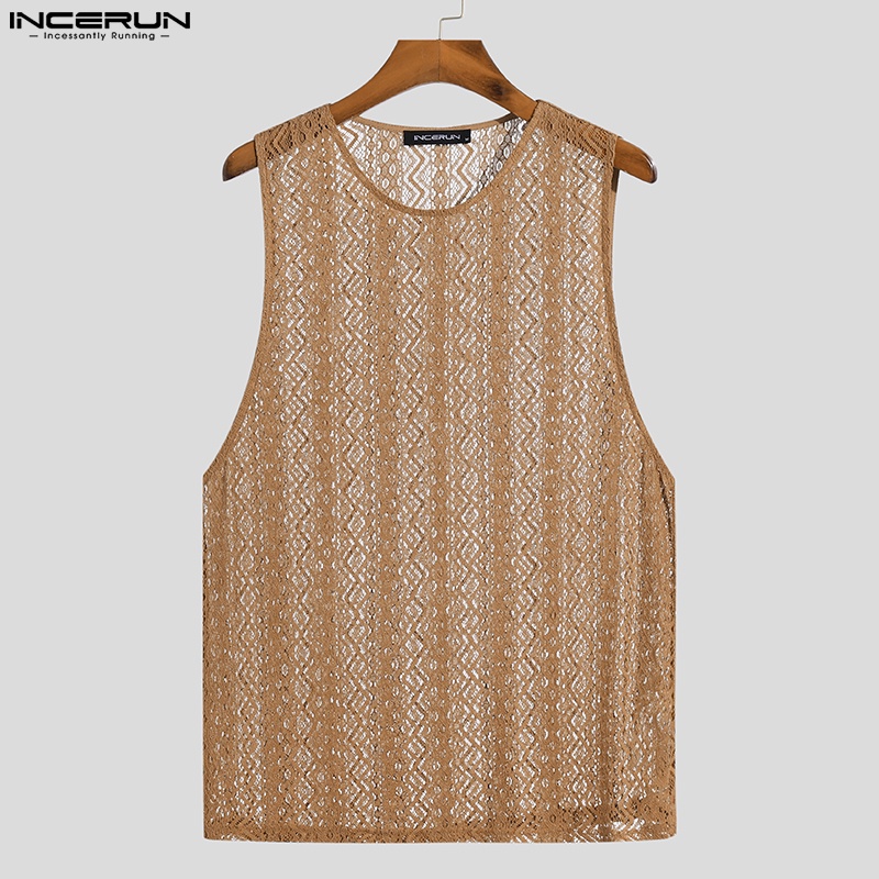 INCERUN Áo Ba Lỗ Nam Phối Ren Hoa Trong Suốt Thời Trang Mùa Hè