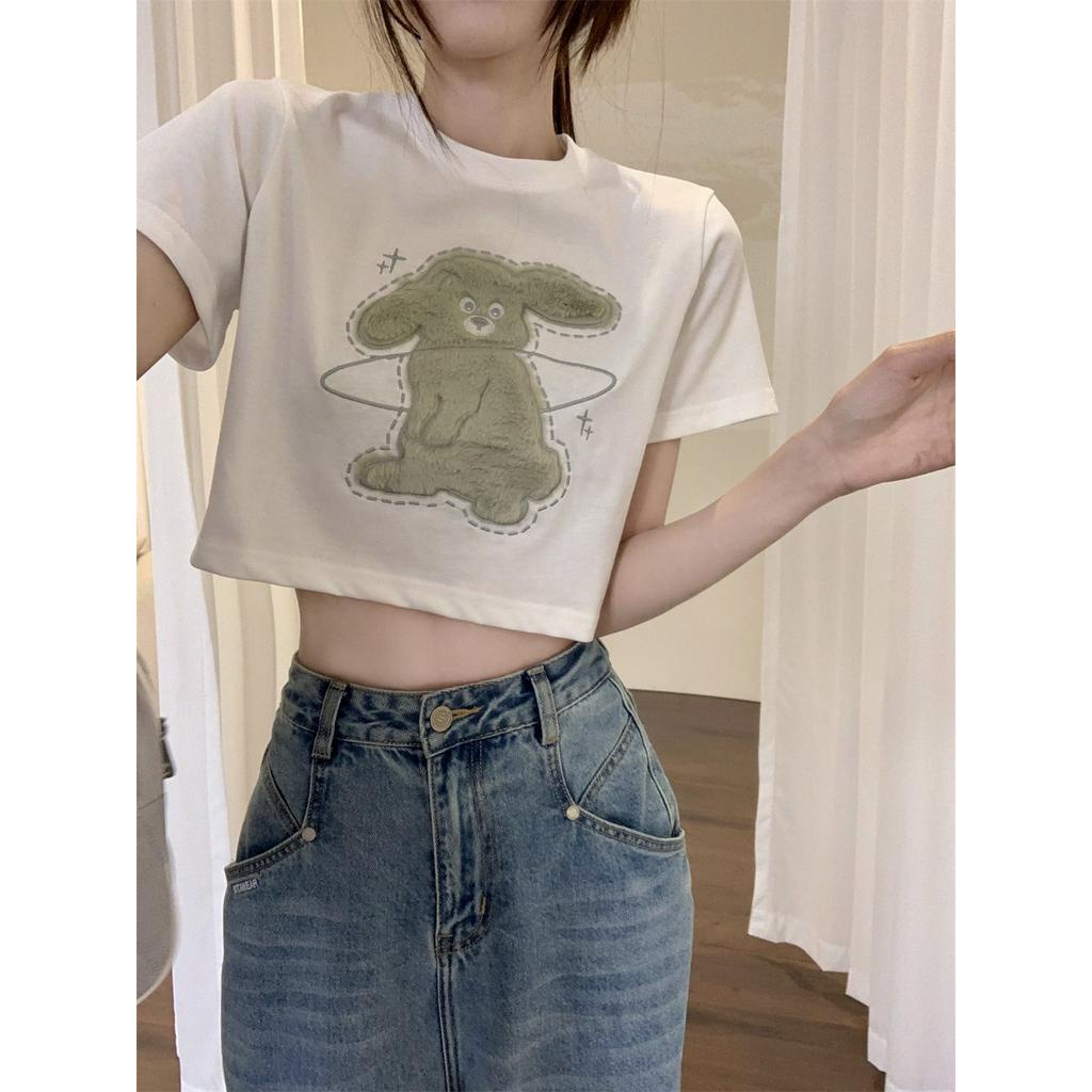 Áo Thun Ngắn Tay Dáng Rộng Thêu Hình Thỏ Nhồi Bông Phong Cách Thời Trang Dành Cho Nữ